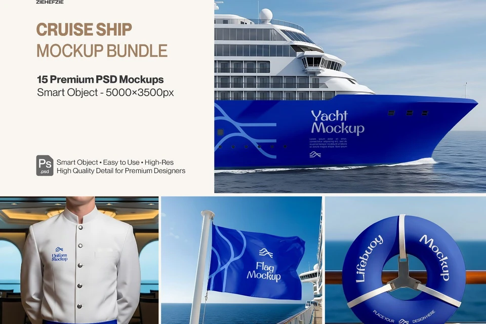 Cruise Ship Mockup Bundle - Maritime Branding with a Luxury Cruise Ship Mockup