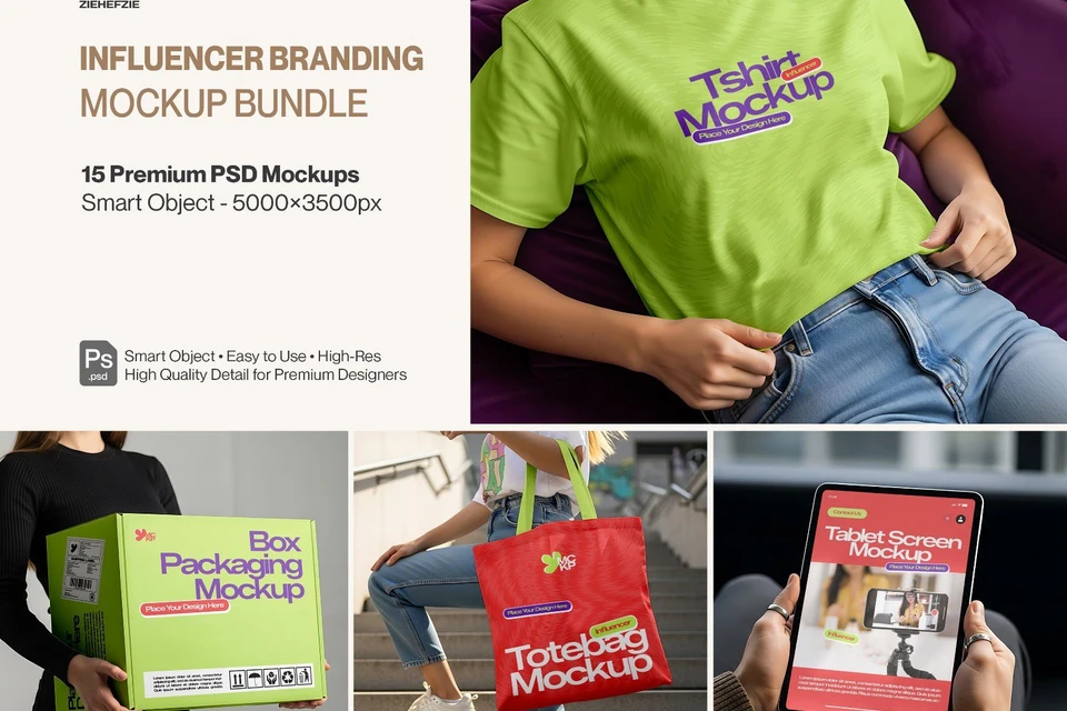 Premium Influencer Branding Mockup Bundle – 15 Lifestyle PSD Scenes for Merch & Digital Creators