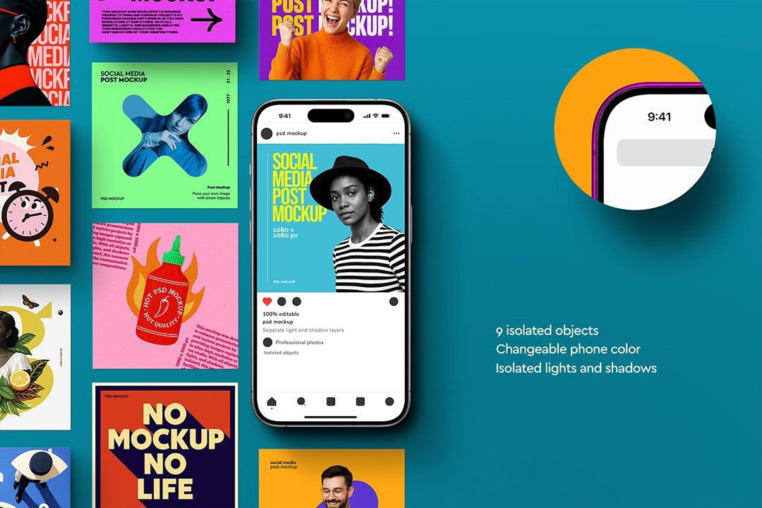 Social Media Post Mockup – 1080×1080 & iPhone 16 (9 Objects)