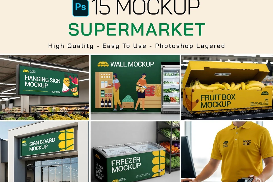 Premium Branding Yellow And Green Supermarket Mockup