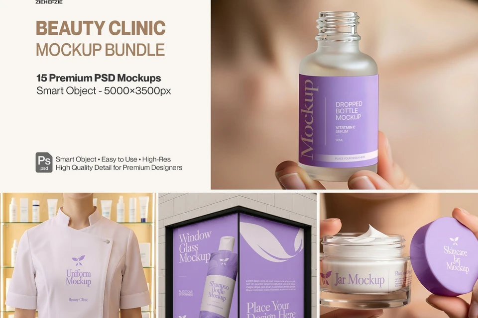 Beauty Clinic Mockup Bundle – Skincare Packaging, Cosmetic Branding PSD Mockups