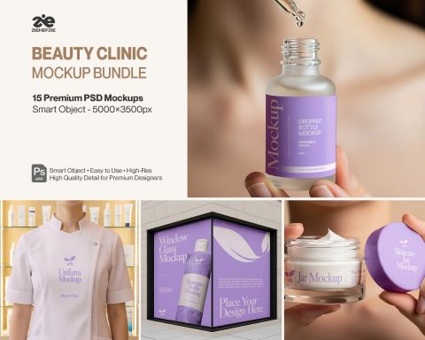 Beauty Clinic Mockup Bundle – Skincare Packaging, Cosmetic Branding PSD Mockups