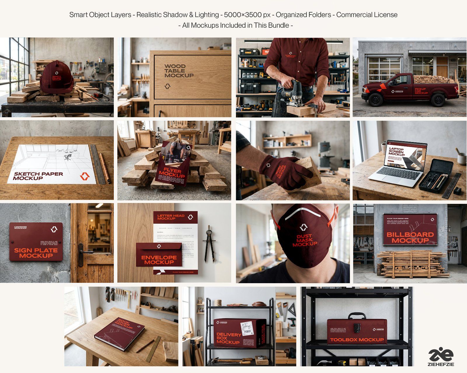 Ultimate Branding Carpenter Mockup Bundle – 15 Premium PSD Scenes for Woodworking & Industrial Ident