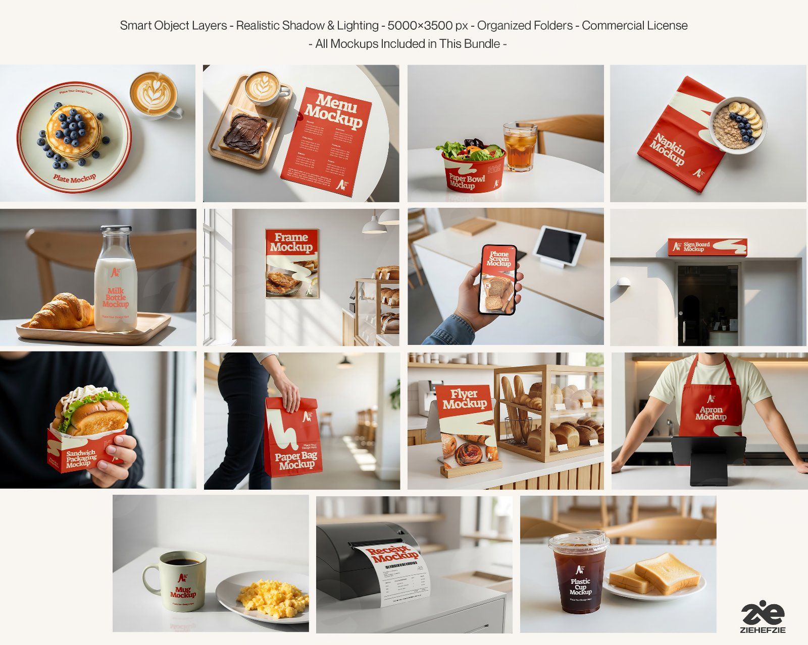 Breakfast Café Mockup Bundle PSD – Menu, Packaging, Apron & Coffee Branding Scene