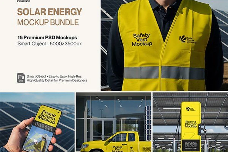 Solar Energy & Green Tech Mockup Bundle – 15 Premium PSD Scenes for Renewable Energy Branding