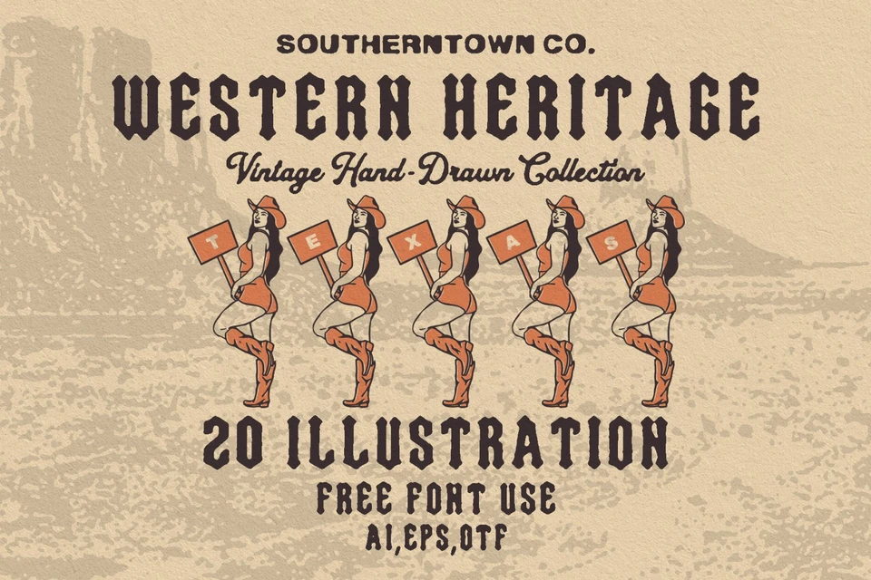 20 Vintage Hand-Drawn Western Illustration Collection