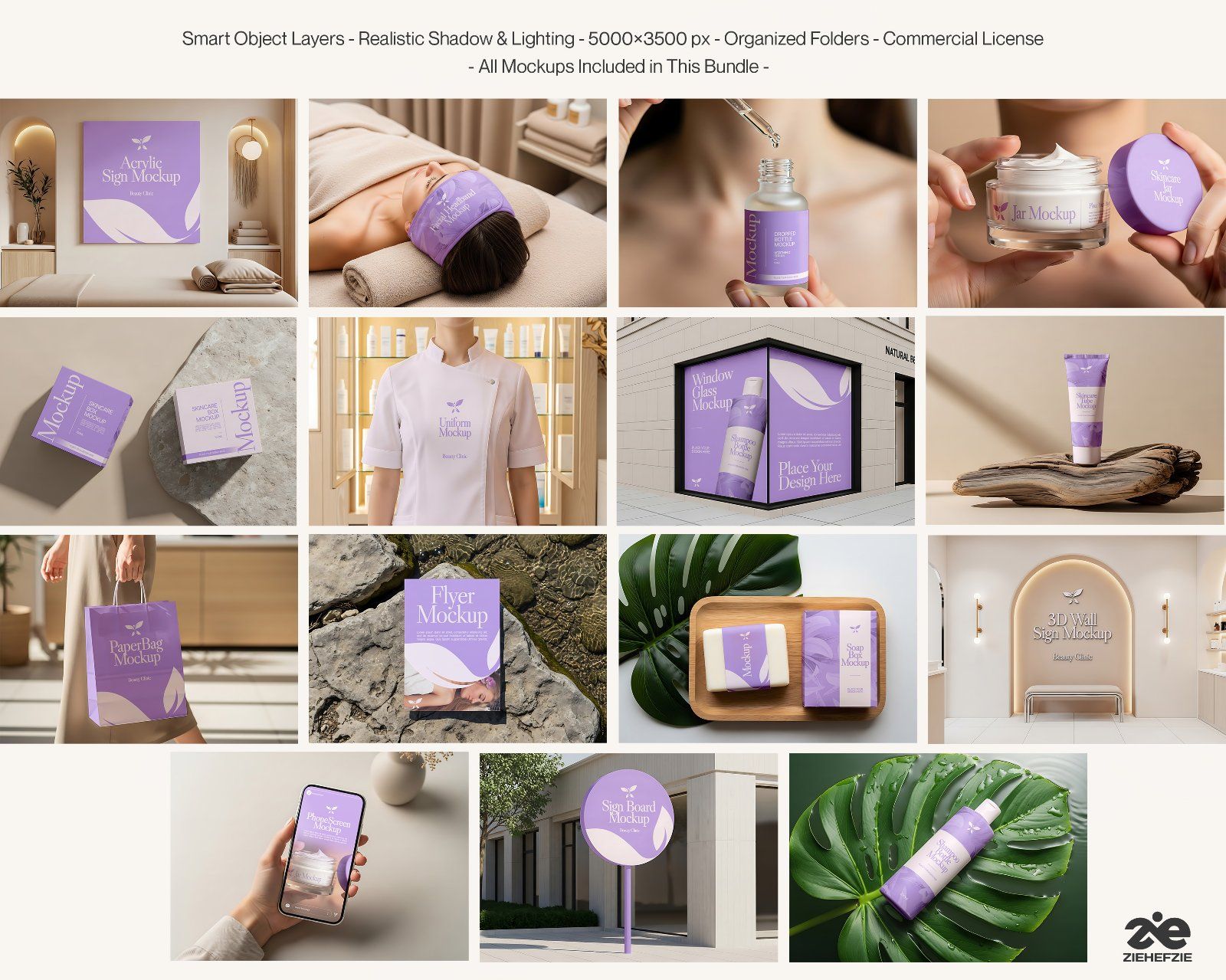 Beauty Clinic Mockup Bundle – Skincare Packaging, Cosmetic Branding PSD Mockups