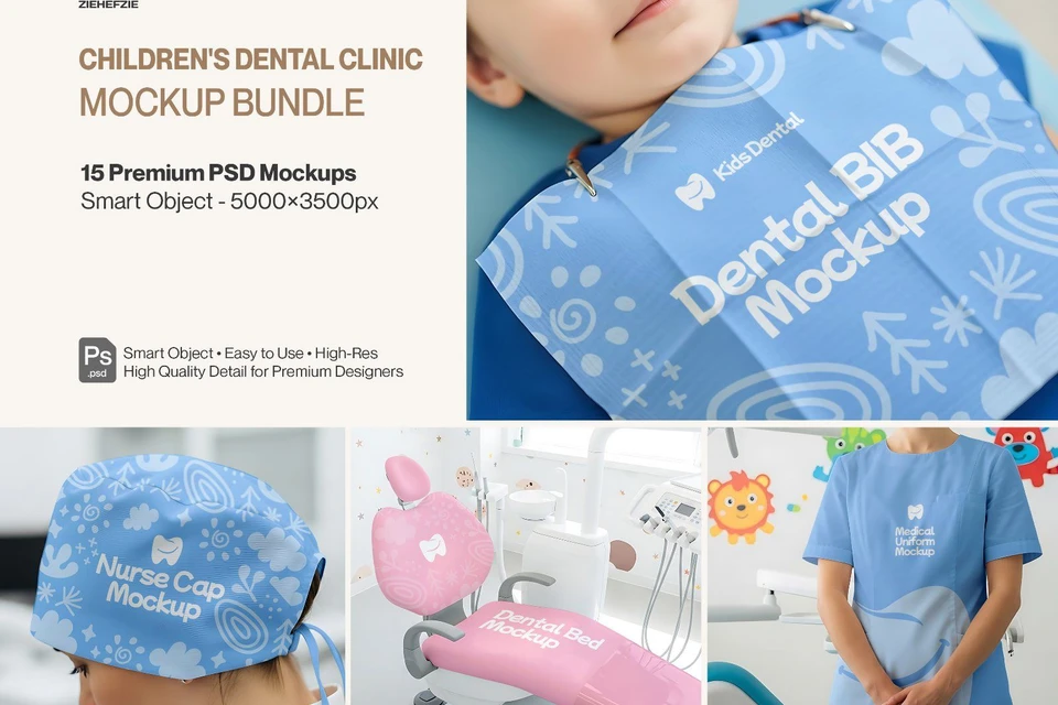Children's Dental Clinic Branding Mockup Bundle – 15 Premium PSD Scenes for Pediatric Medical Identi